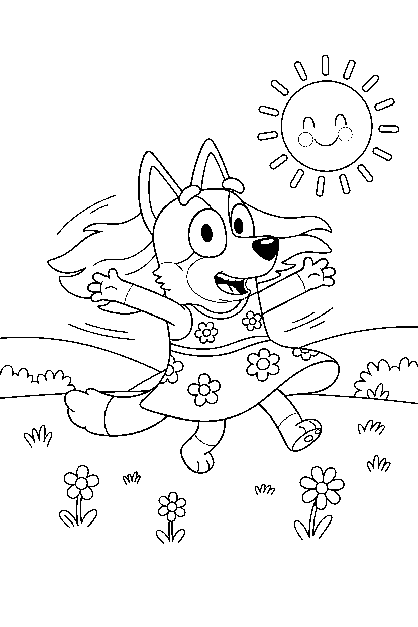 indy from bluey tv series spinning happily in a sunny field line art