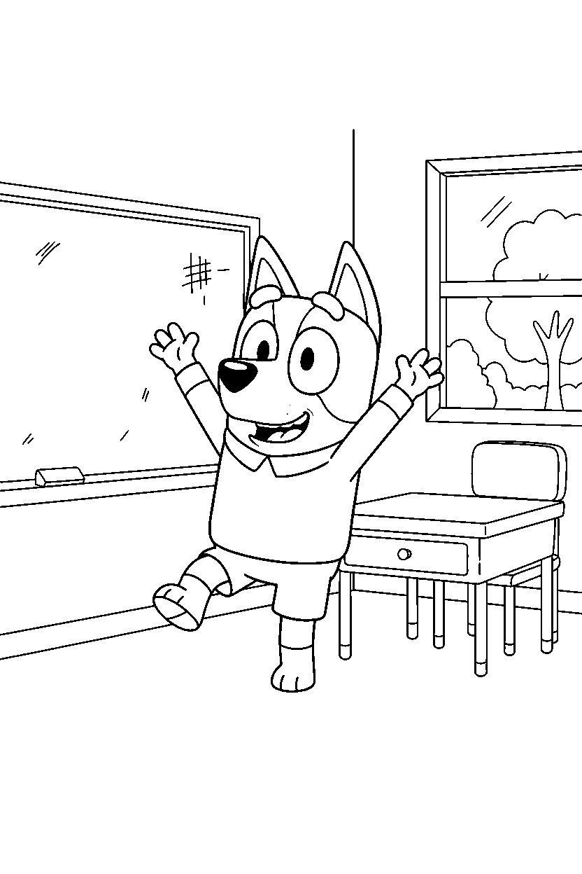 jack from bluey tv series celebrating happily in a simple classroom line art