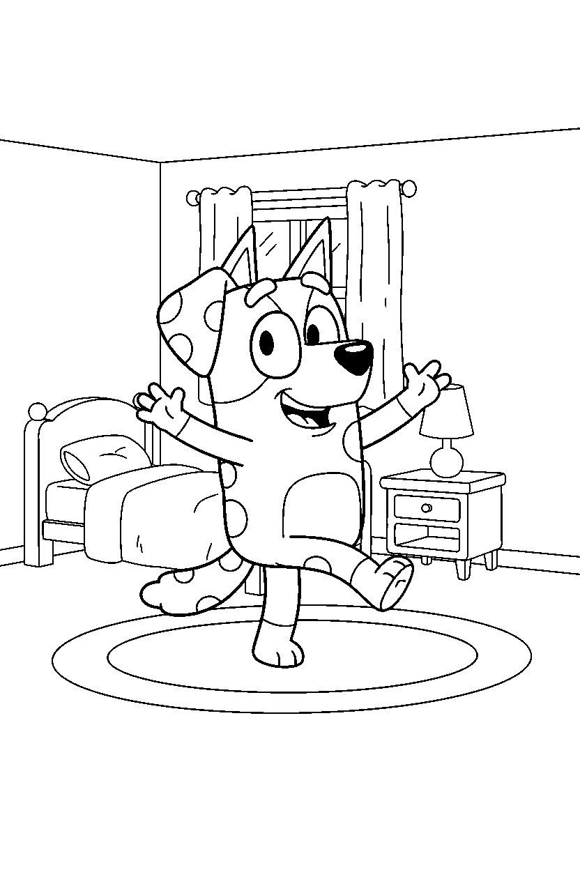 jack from bluey tv series dancing happily in a simple bedroom line art