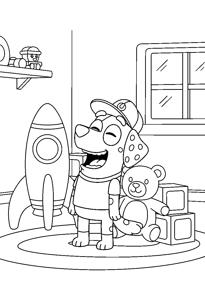 jack from bluey tv series laughing happily in a toy room line art
