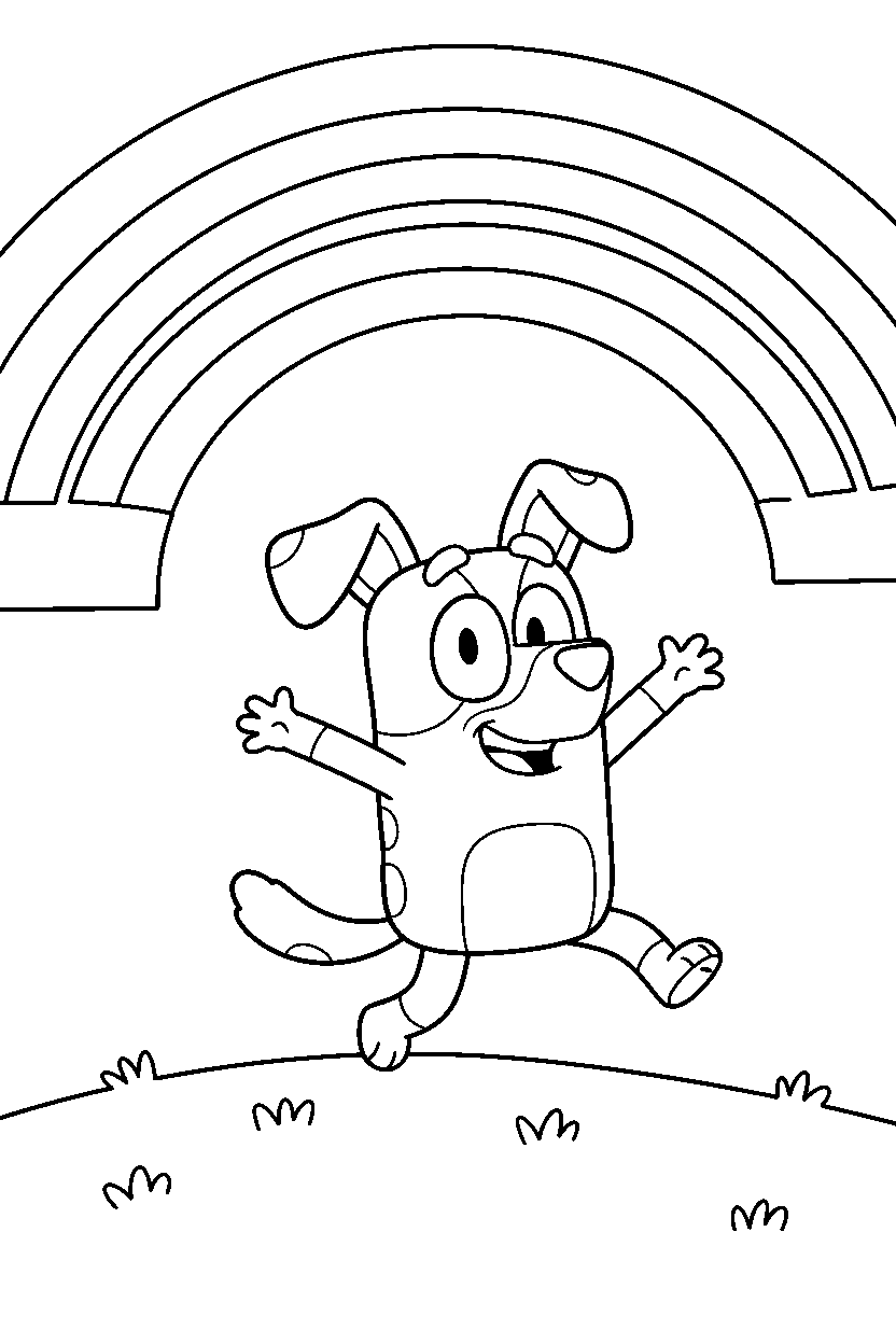 jack from bluey tv series looking excited under a rainbow in the sky line art