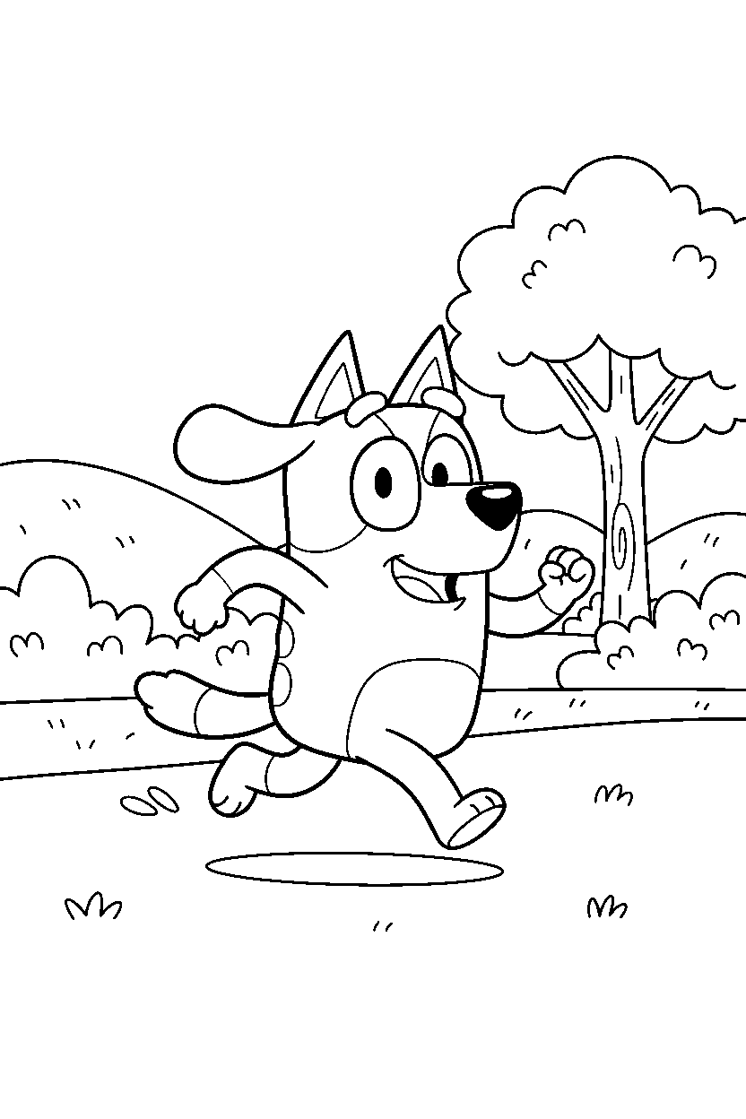 jack from bluey tv series running happily in a grassy park line art