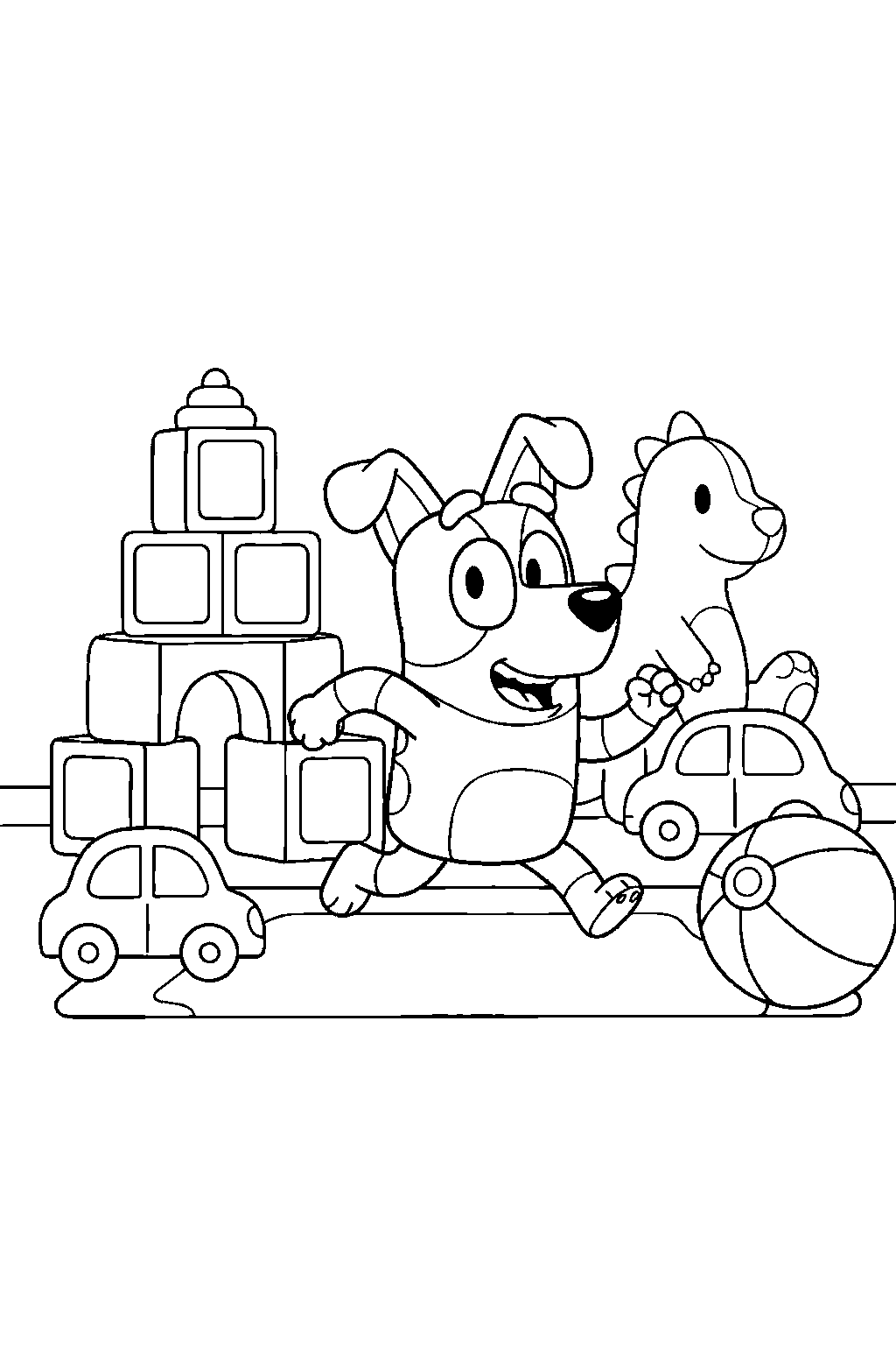 jack from bluey tv series running happily in a toy room line art