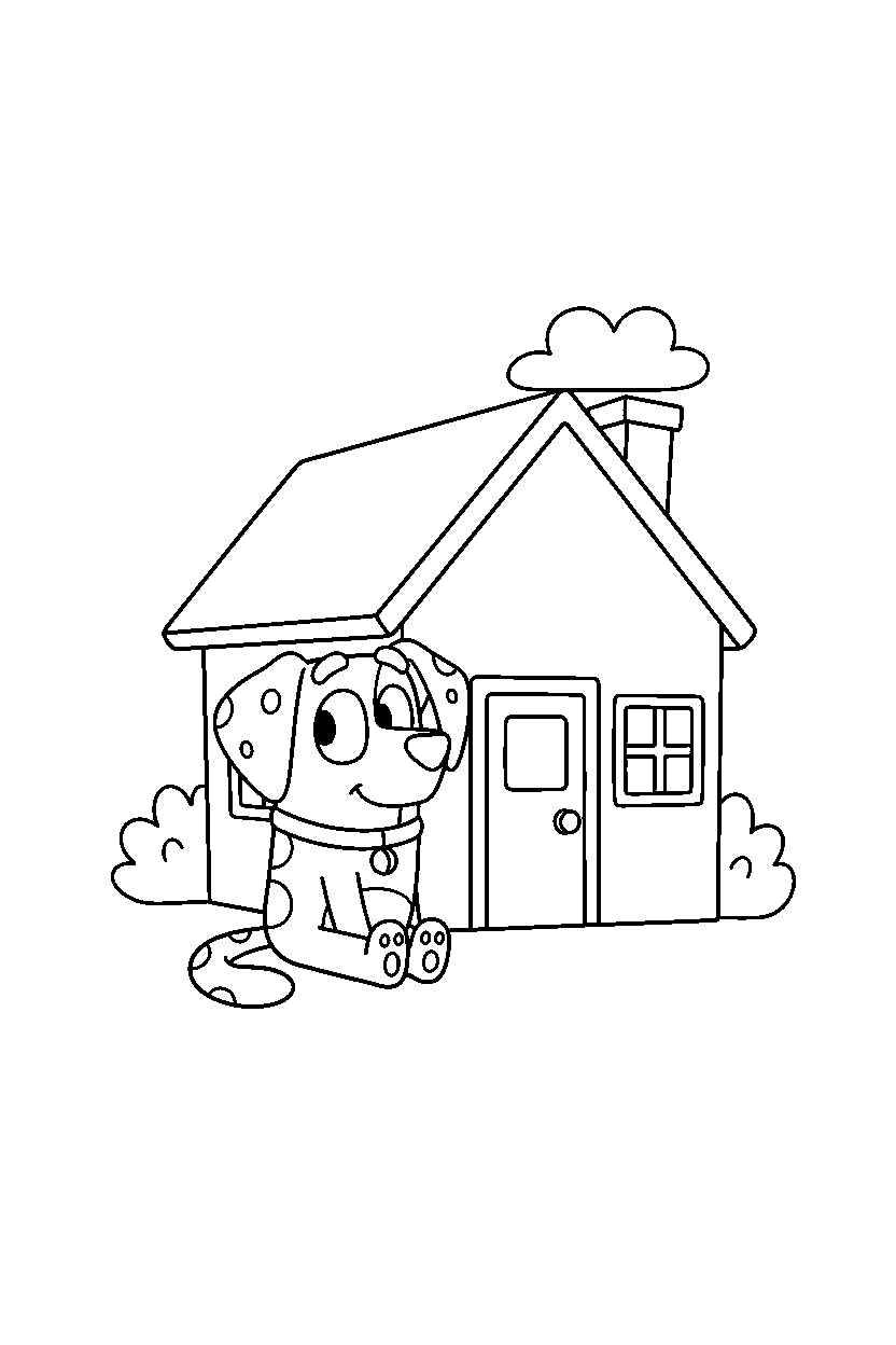jack from bluey tv series sitting calmly in front of a simple house line art