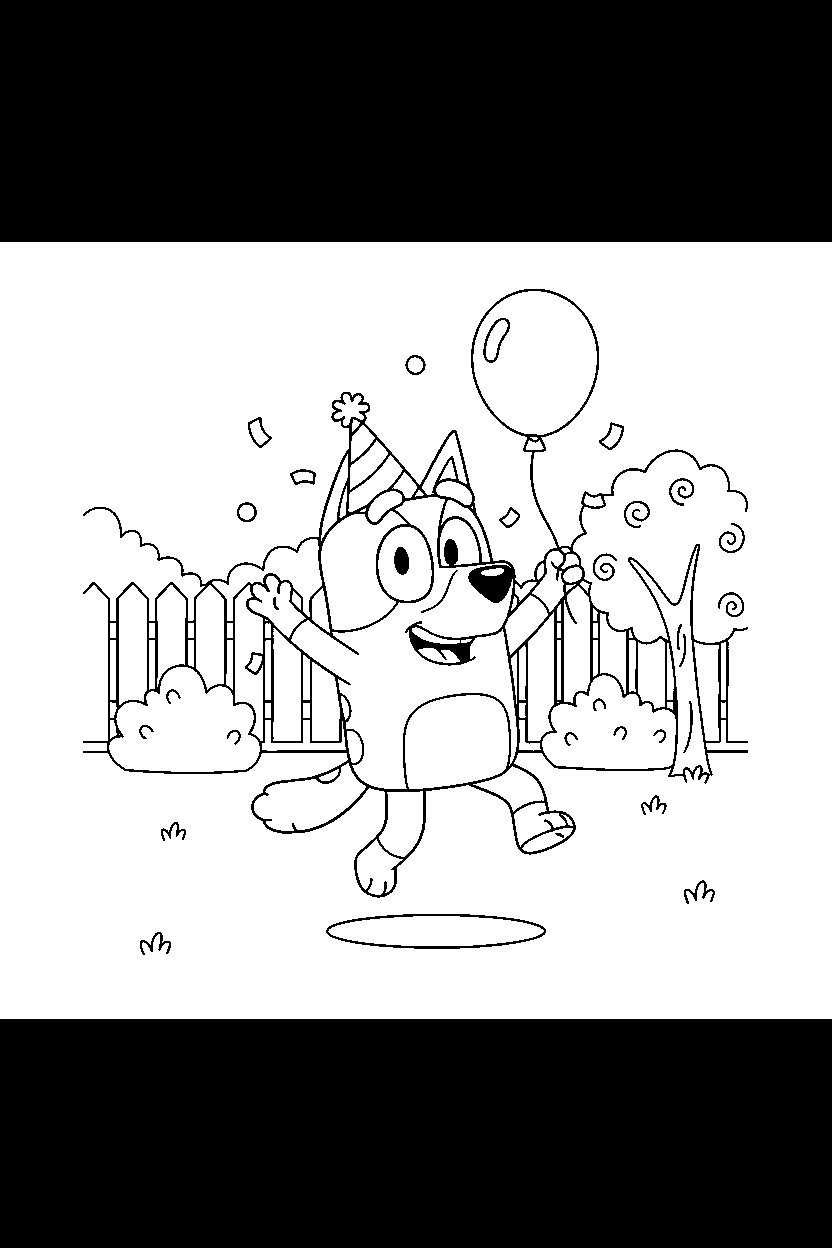 lila from bluey tv series celebrating happily in a simple backyard line art