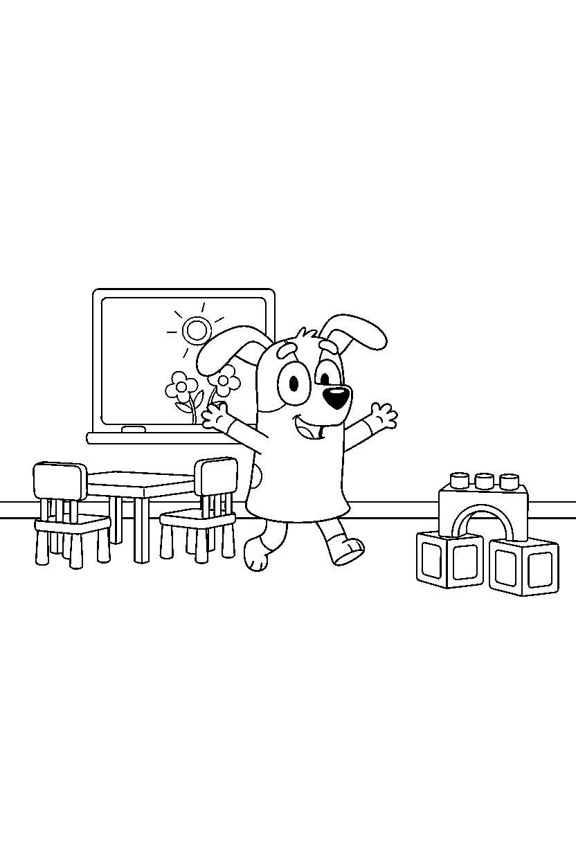 lila from bluey tv series celebrating happily in a simple classroom line art