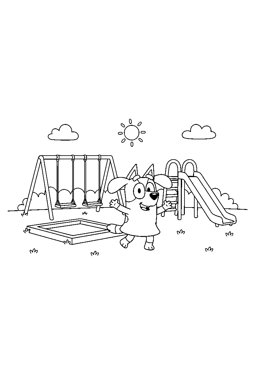 lila from bluey tv series dancing happily at a simple playground line art