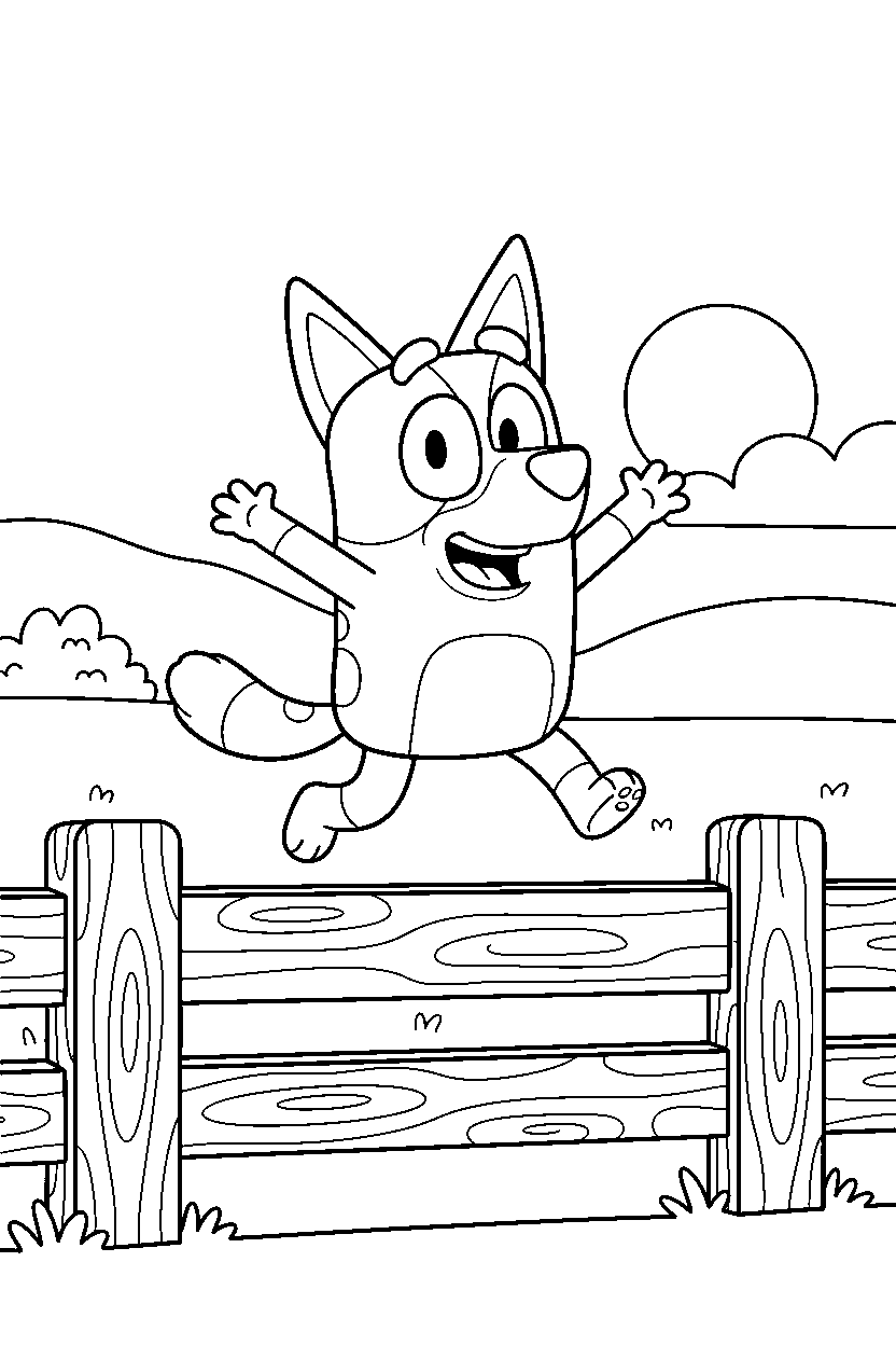 lila from bluey tv series jumping happily in front of a wooden fence line art