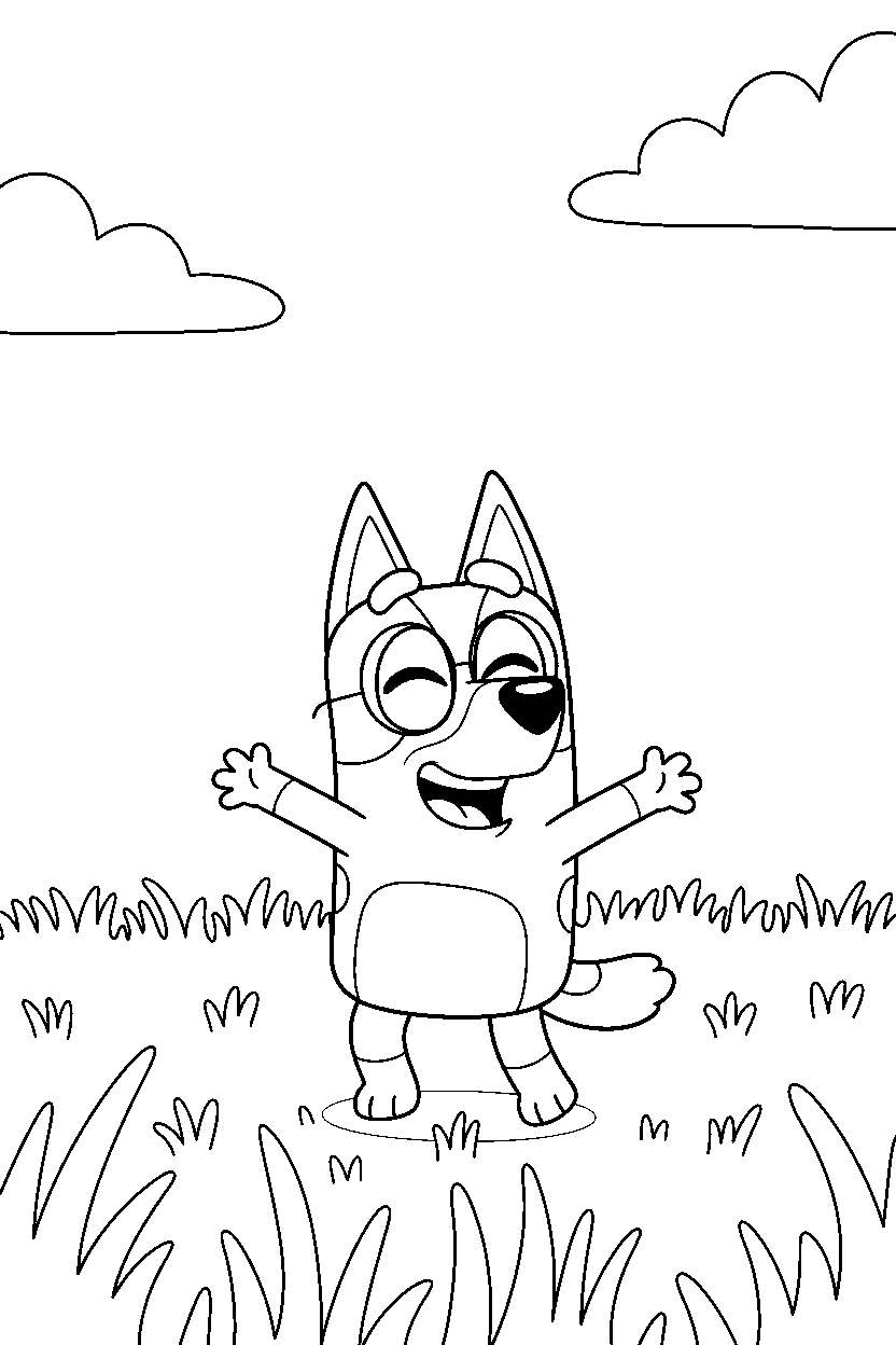 lila from bluey tv series laughing happily in a grassy park line art