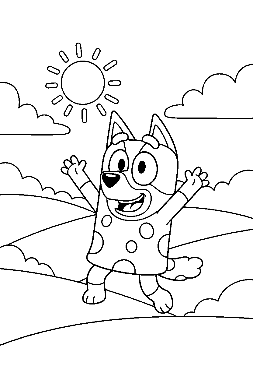 lila from bluey tv series looking excited in rolling hills line art