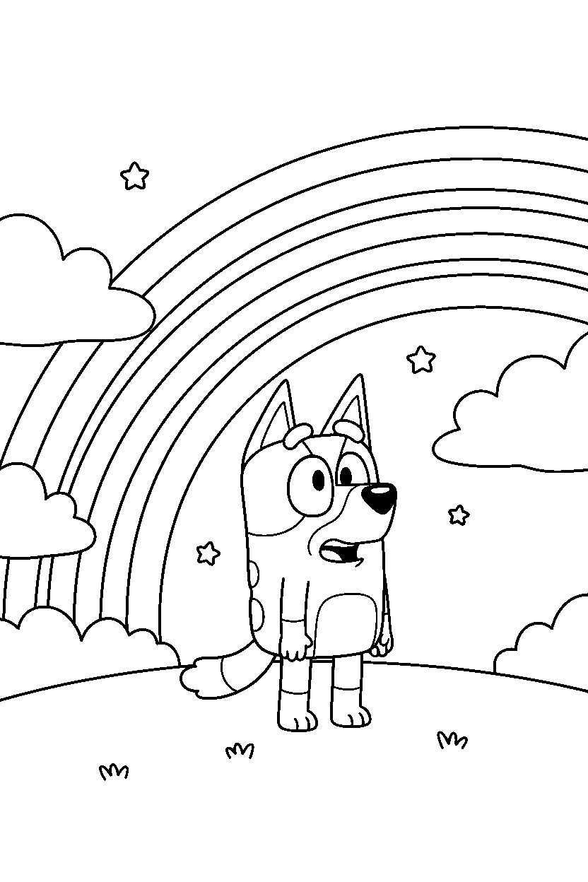 lila from bluey tv series looking surprised under a rainbow in the sky line art