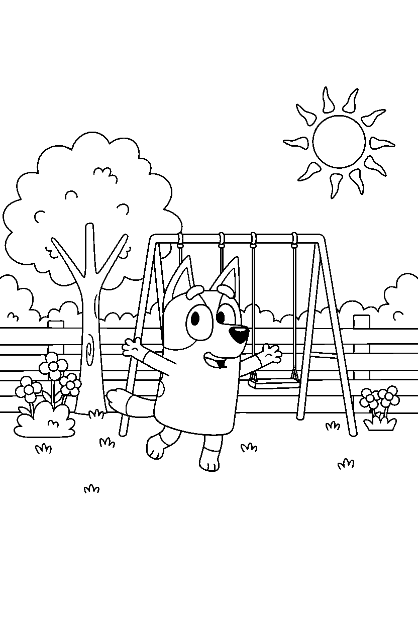 lila from bluey tv series playing happily in a simple backyard line art