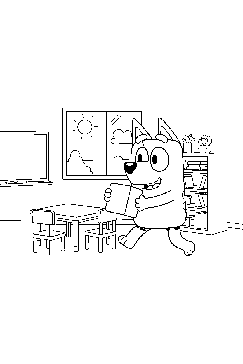 lila from bluey tv series playing happily in a simple classroom line art