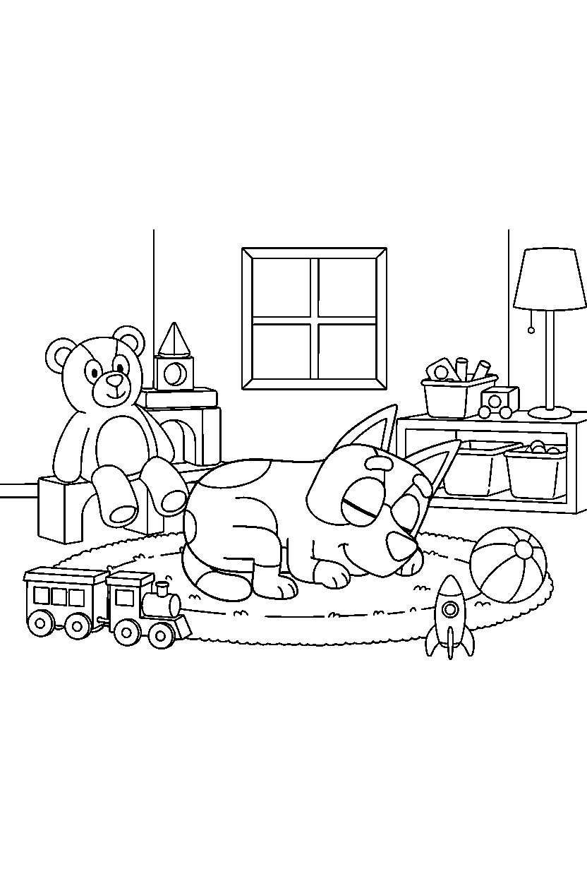 lila from bluey tv series resting peacefully in a toy room line art