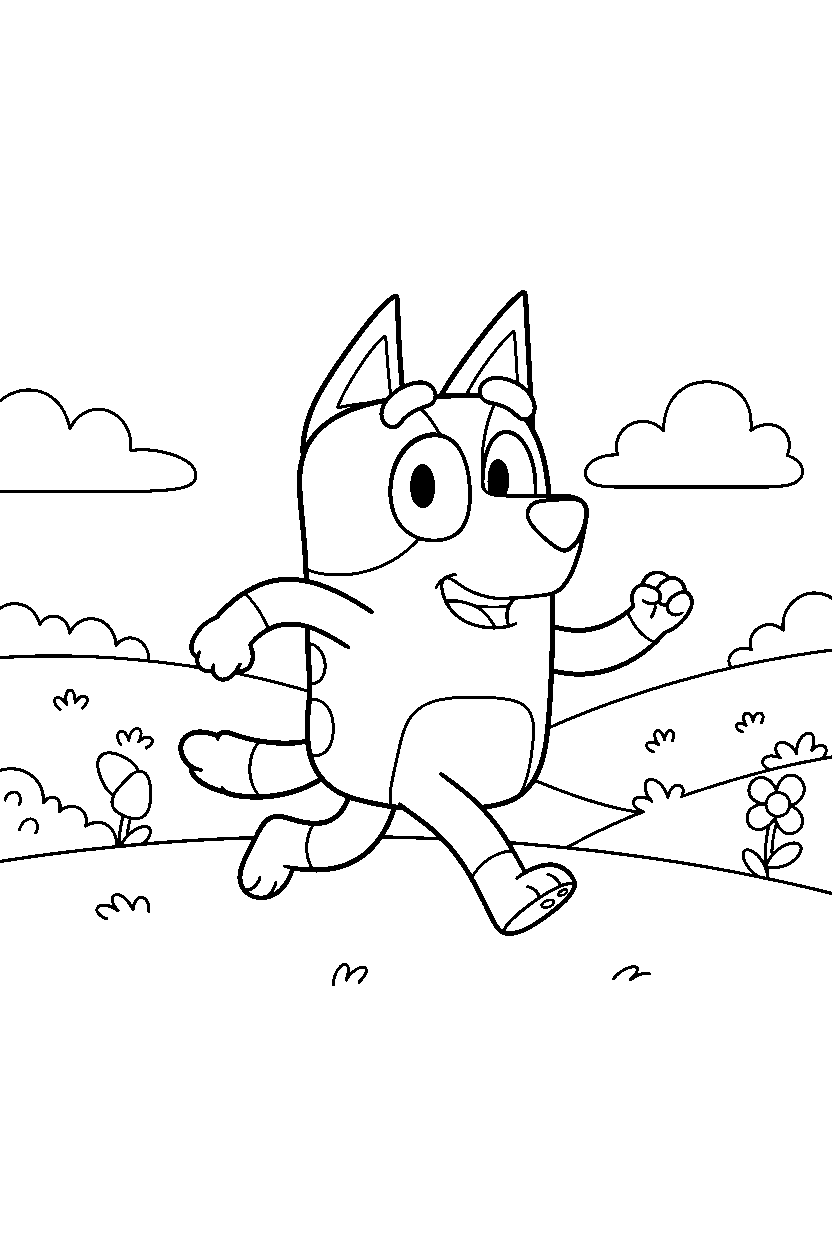 lila from bluey tv series running happily in rolling hills line art