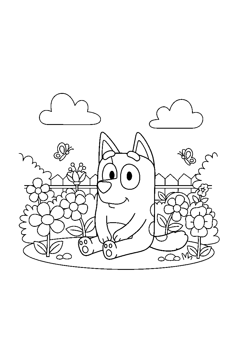 lila from bluey tv series sitting calmly in a flower garden line art