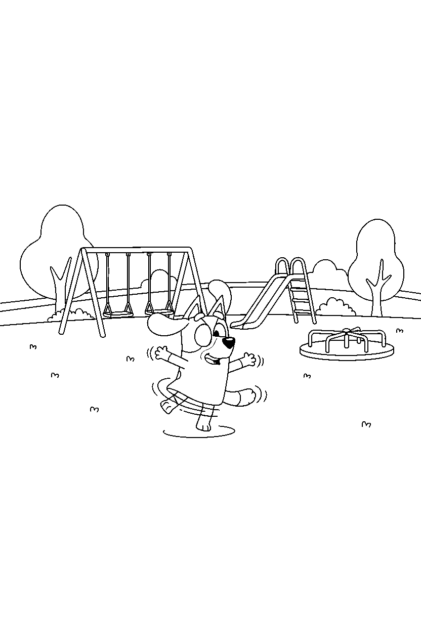 lila from bluey tv series spinning happily at a simple playground line art