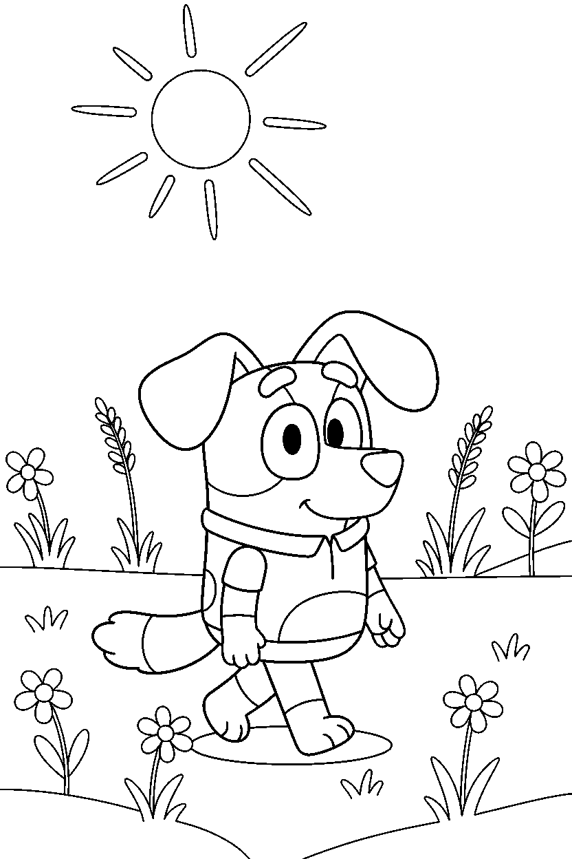 lila from bluey tv series walking gently in a sunny field line art