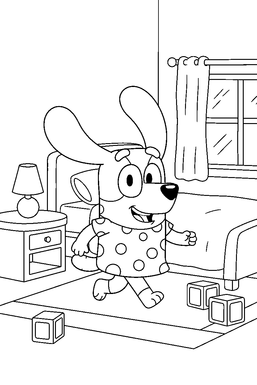 lila from bluey tv series walking happily in a simple bedroom line art