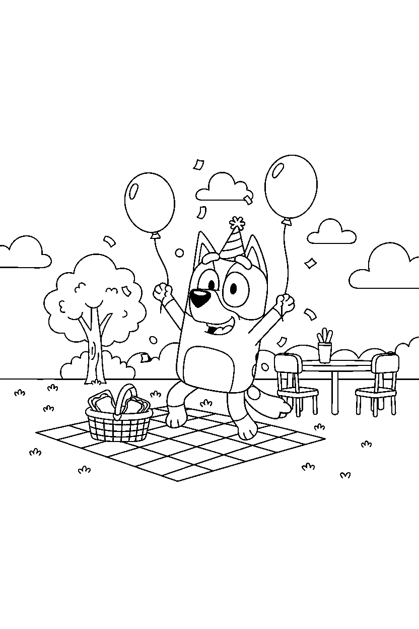 lucky from bluey tv series celebrating happily at a simple picnic area line art