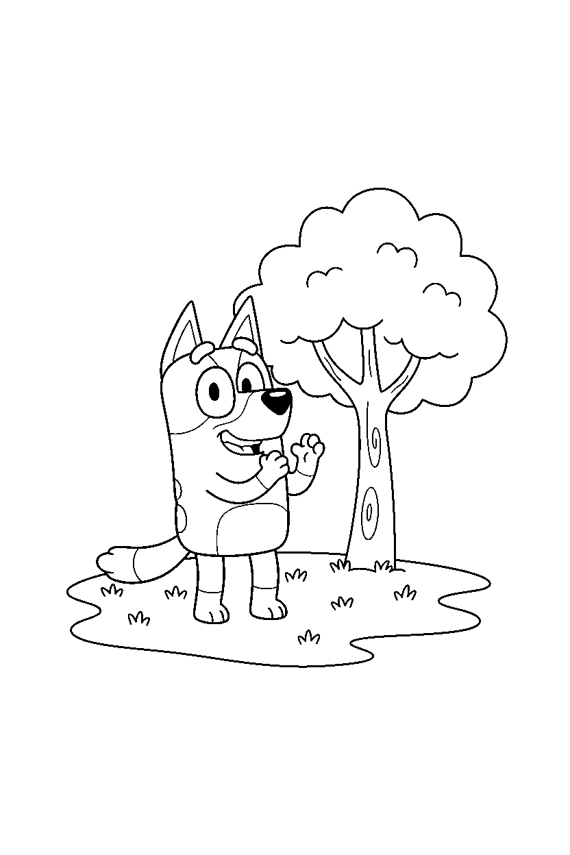lucky from bluey tv series clapping happily near a tree with open grass line art