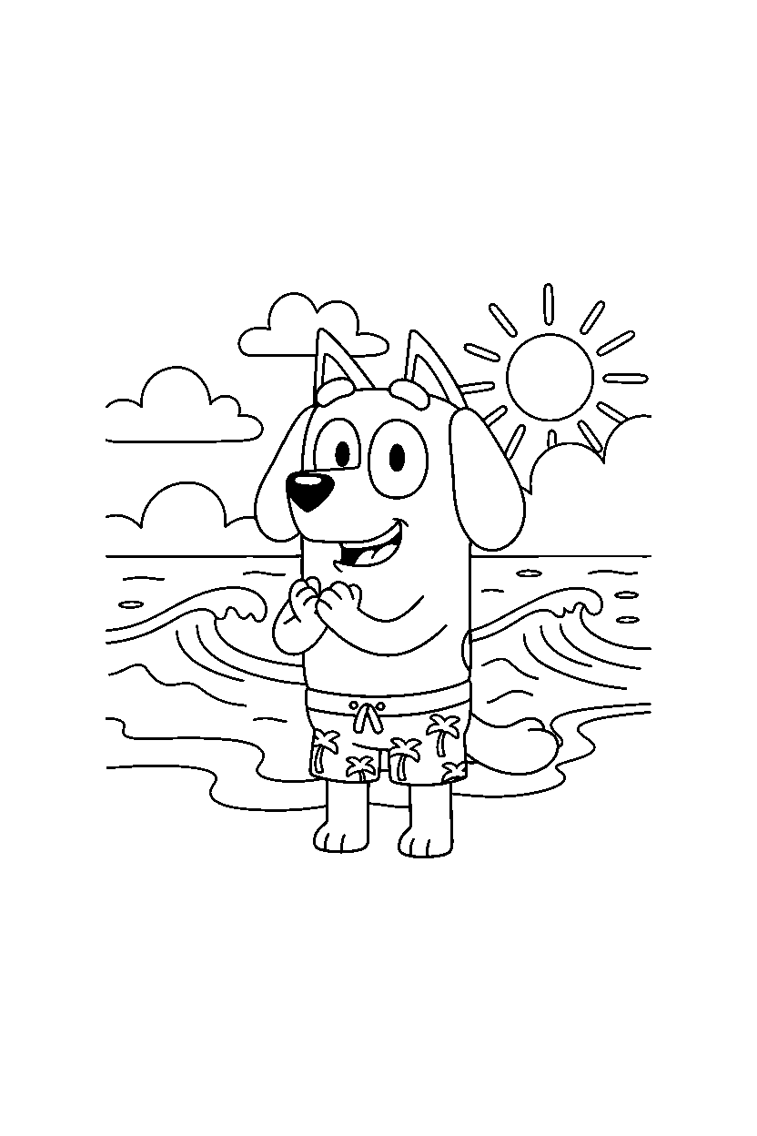 lucky from bluey tv series clapping happily on a beach with simple waves line art