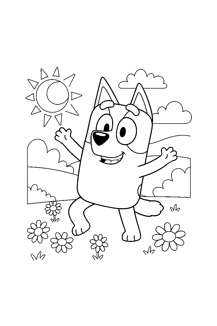 lucky from bluey tv series dancing happily in a sunny field line art