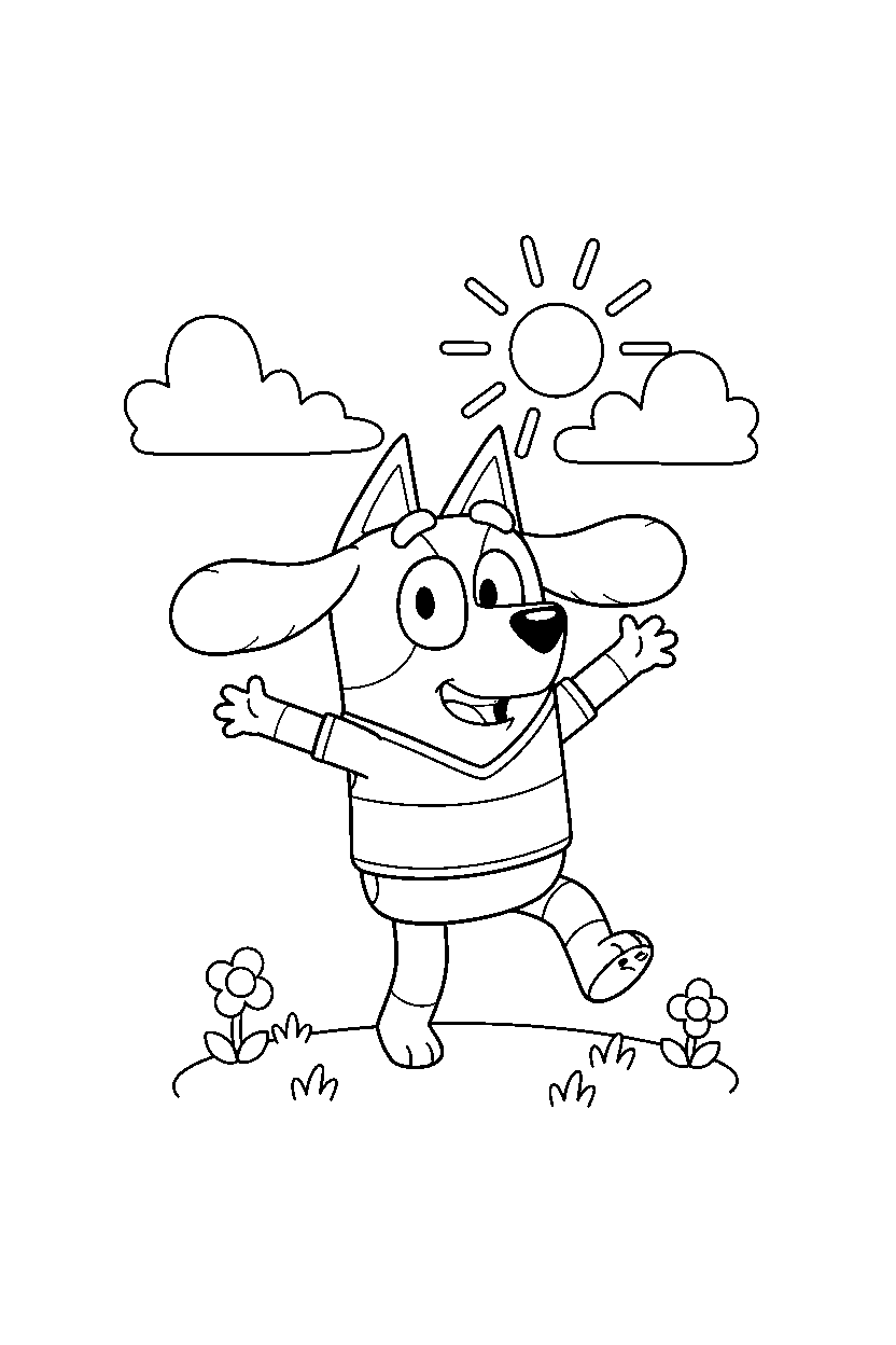lucky from bluey tv series dancing happily under a cloudy sky line art