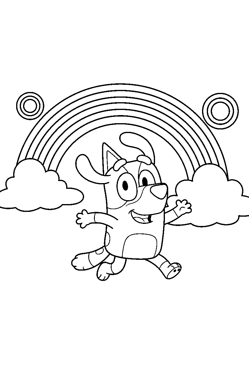 lucky from bluey tv series jumping happily under a rainbow in the sky line art
