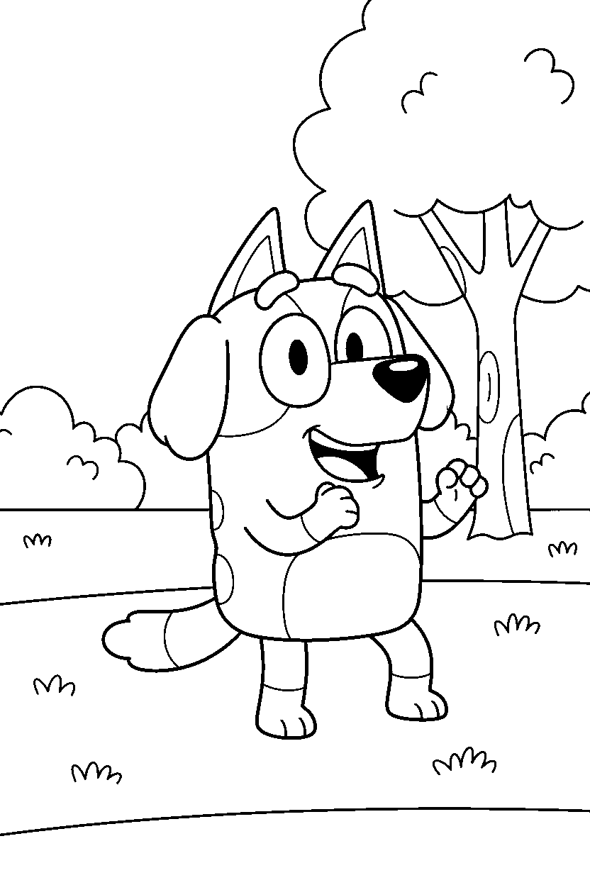 lucky from bluey tv series laughing happily in a grassy park line art