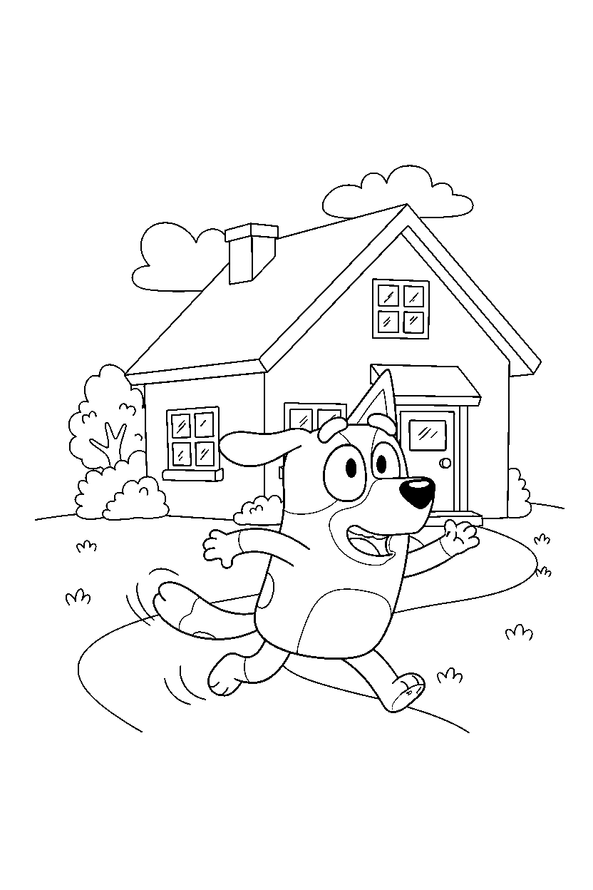 lucky from bluey tv series looking excited in front of a simple house line art