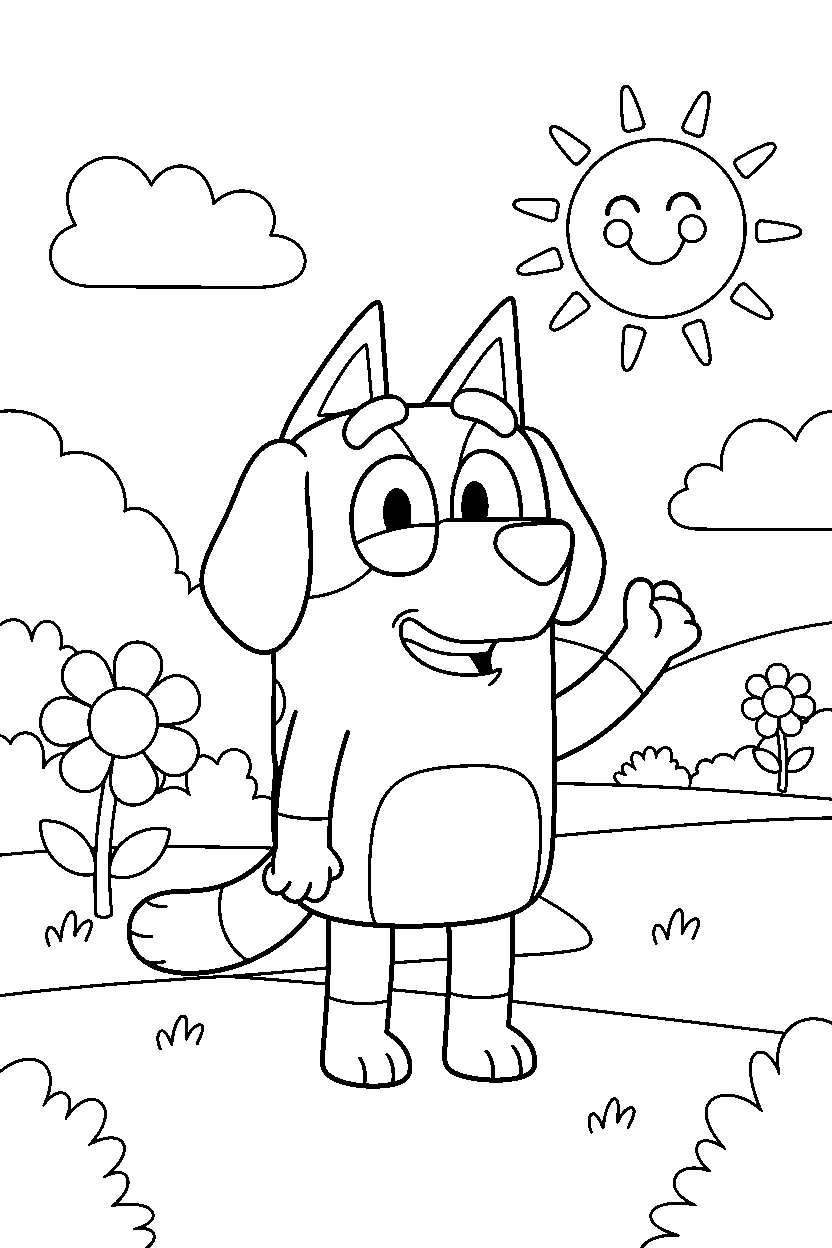 lucky from bluey tv series looking happy in a sunny field line art