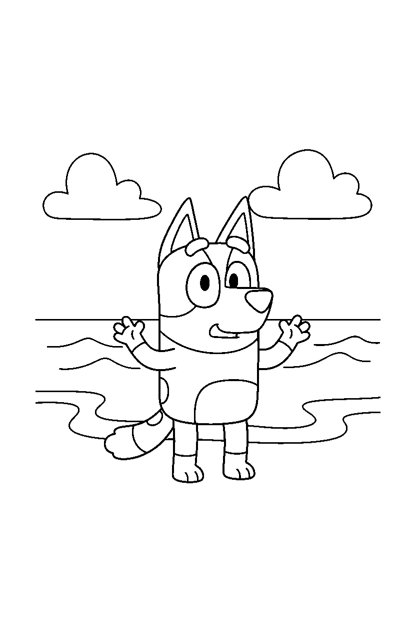 lucky from bluey tv series looking surprised on a beach with simple waves line art