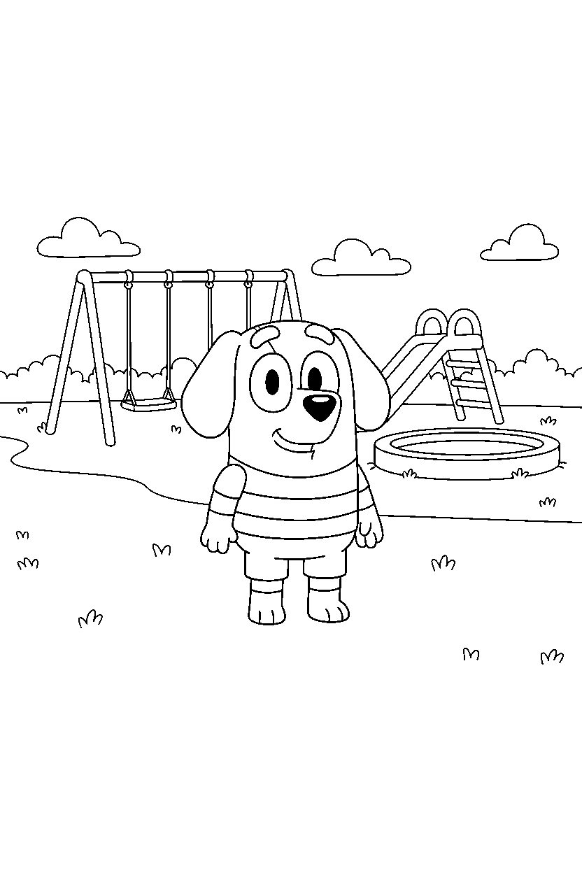 lucky from bluey tv series standing and smiling at a simple playground line art