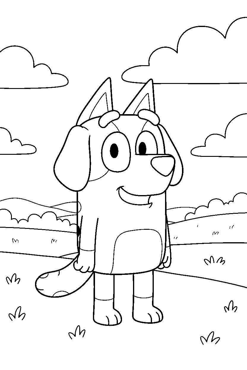 lucky from bluey tv series standing and smiling in a sunny field line art