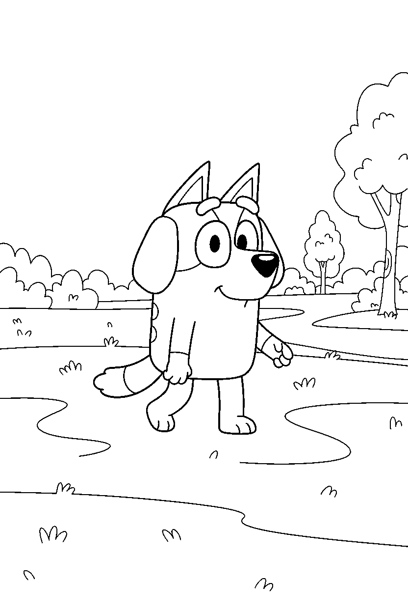 lucky from bluey tv series walking gently in a grassy park line art