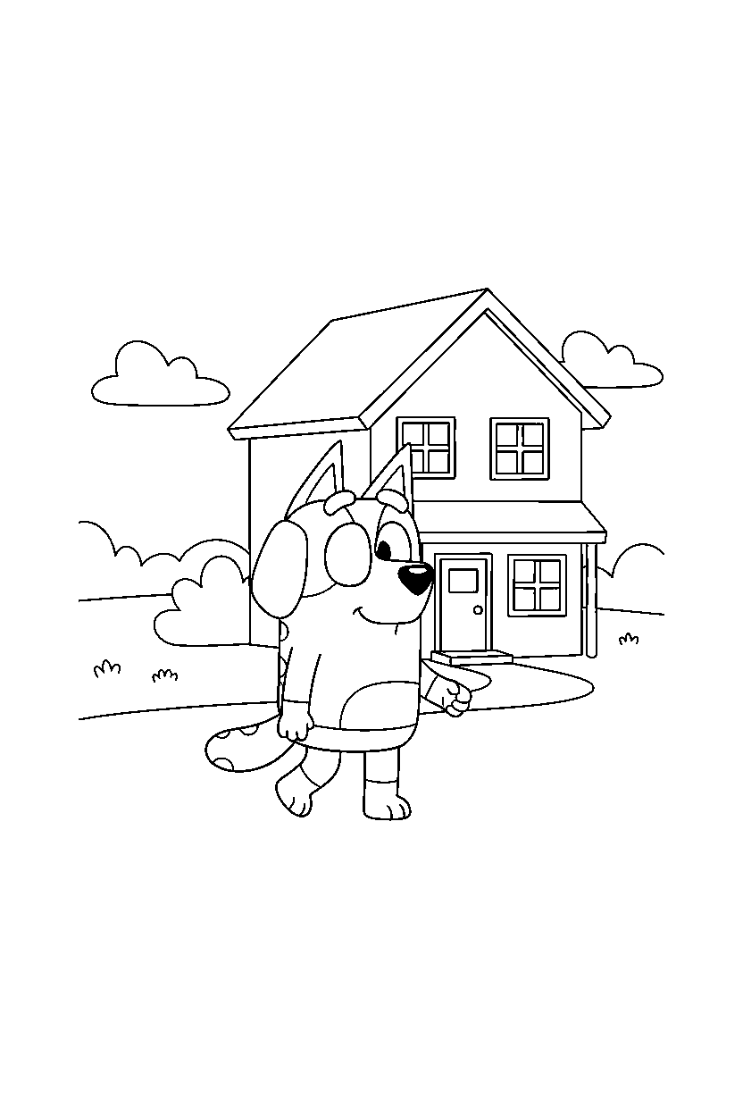 lucky from bluey tv series walking gently in front of a simple house line art