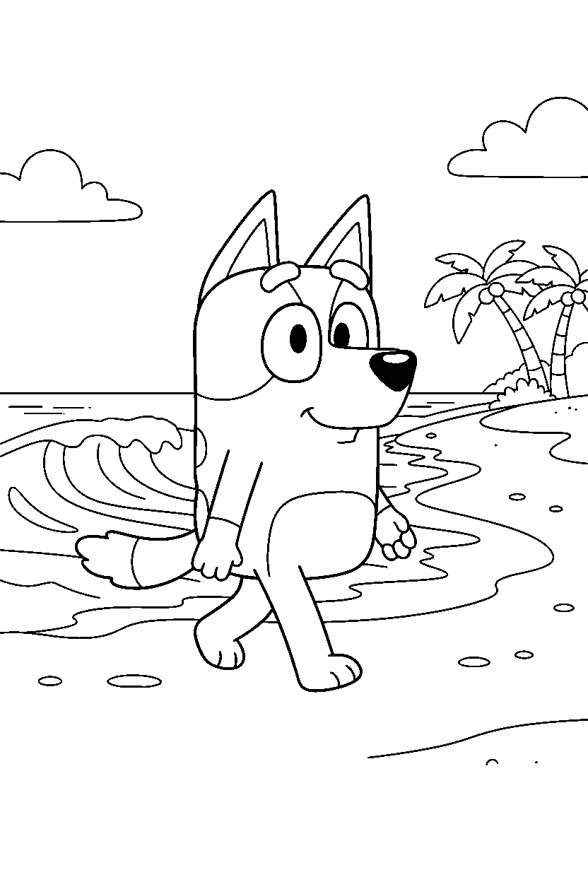 lucky from bluey tv series walking gently on a beach with simple waves line art