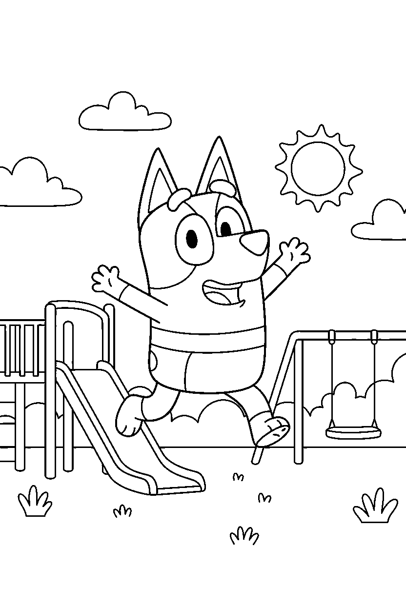 mackenzie from bluey tv series jumping happily at a simple playground line art