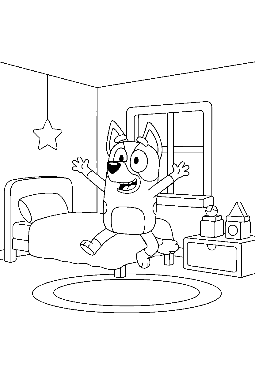 mackenzie from bluey tv series jumping happily in a simple bedroom line art