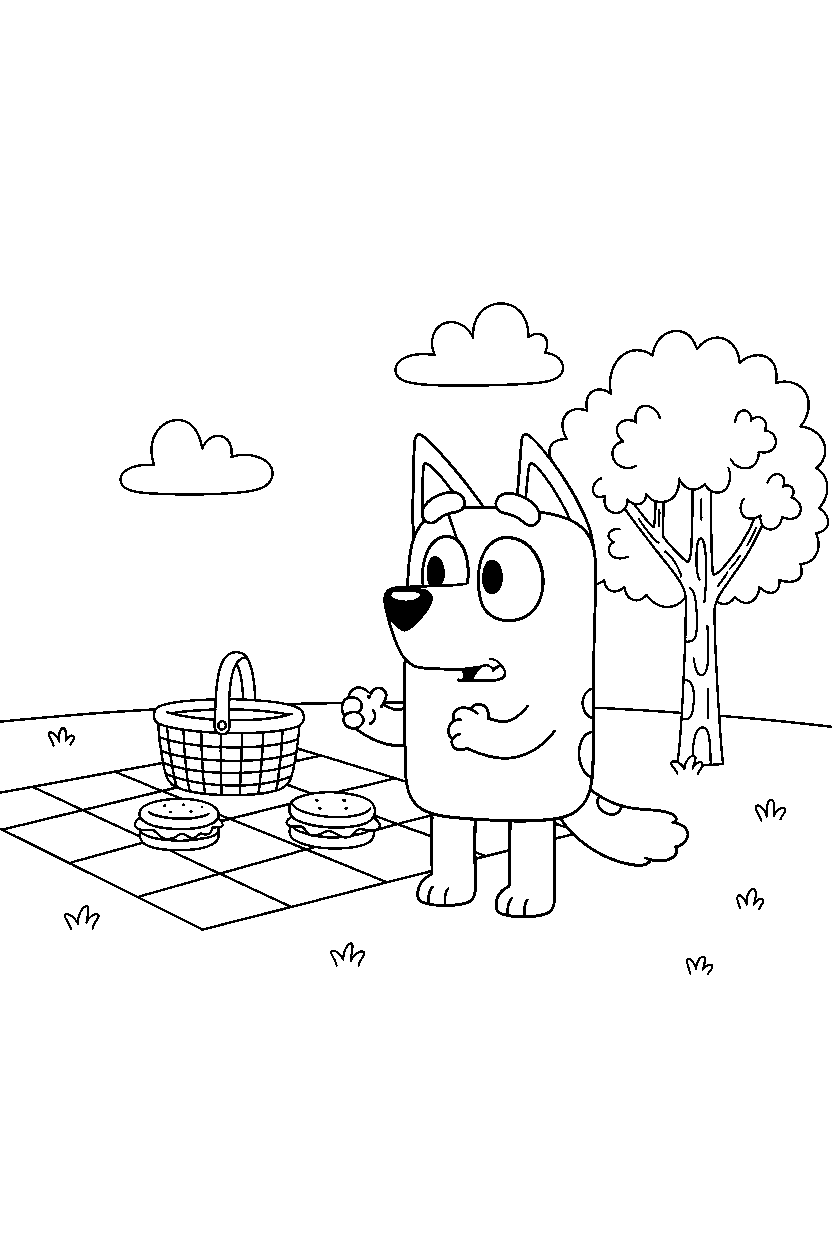 mackenzie from bluey tv series looking surprised at a simple picnic area line art