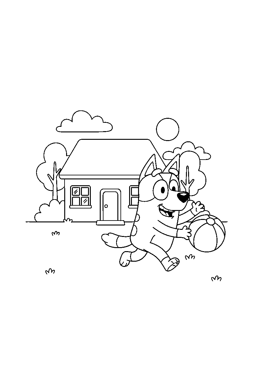 mackenzie from bluey tv series playing happily in front of a simple house line art