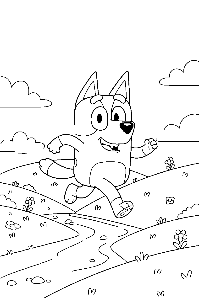 mackenzie from bluey tv series playing happily in rolling hills line art