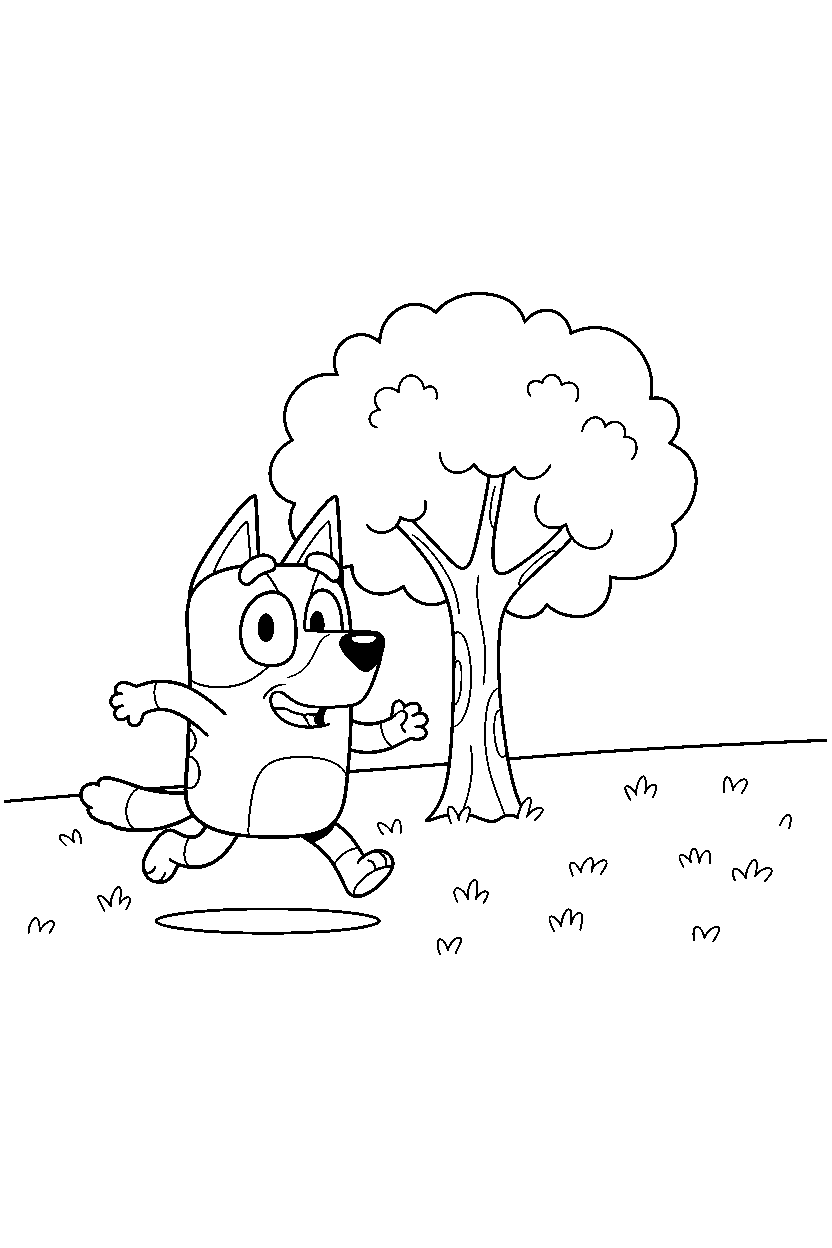 mackenzie from bluey tv series running happily near a tree with open grass line art