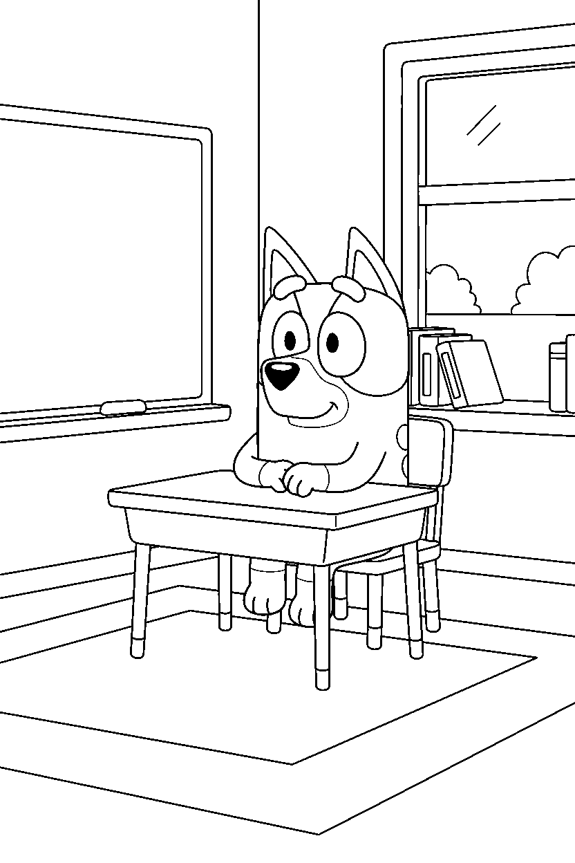 mackenzie from bluey tv series sitting calmly in a simple classroom line art