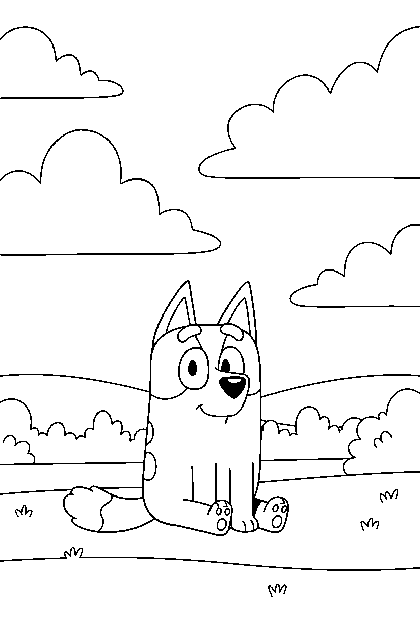 mackenzie from bluey tv series sitting calmly under a cloudy sky line art