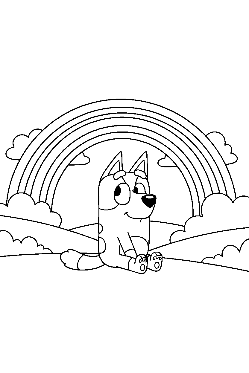 mackenzie from bluey tv series sitting calmly under a rainbow in the sky line art
