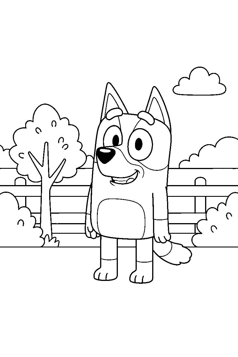 mackenzie from bluey tv series standing and smiling in a simple backyard line art