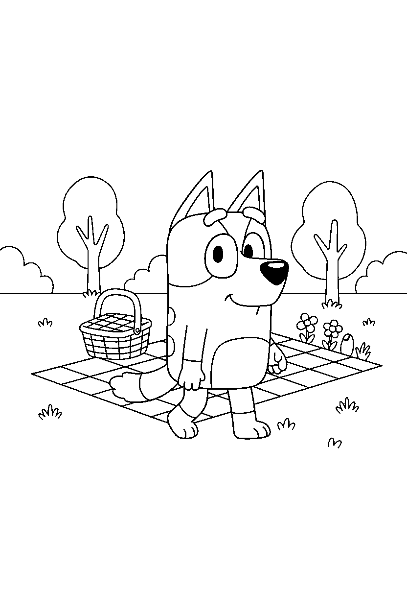 mackenzie from bluey tv series walking gently at a simple picnic area line art