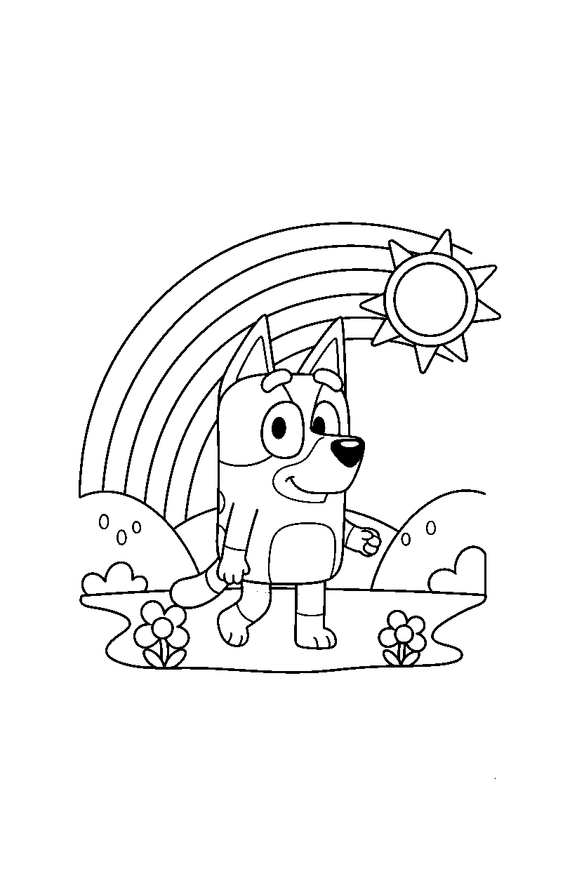 mackenzie from bluey tv series walking gently under a rainbow in the sky line art